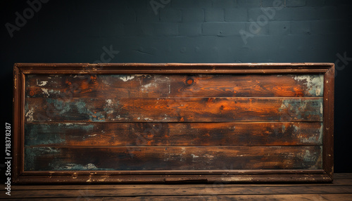 Old rustic wooden plank on a dark grunge wall generated by AI