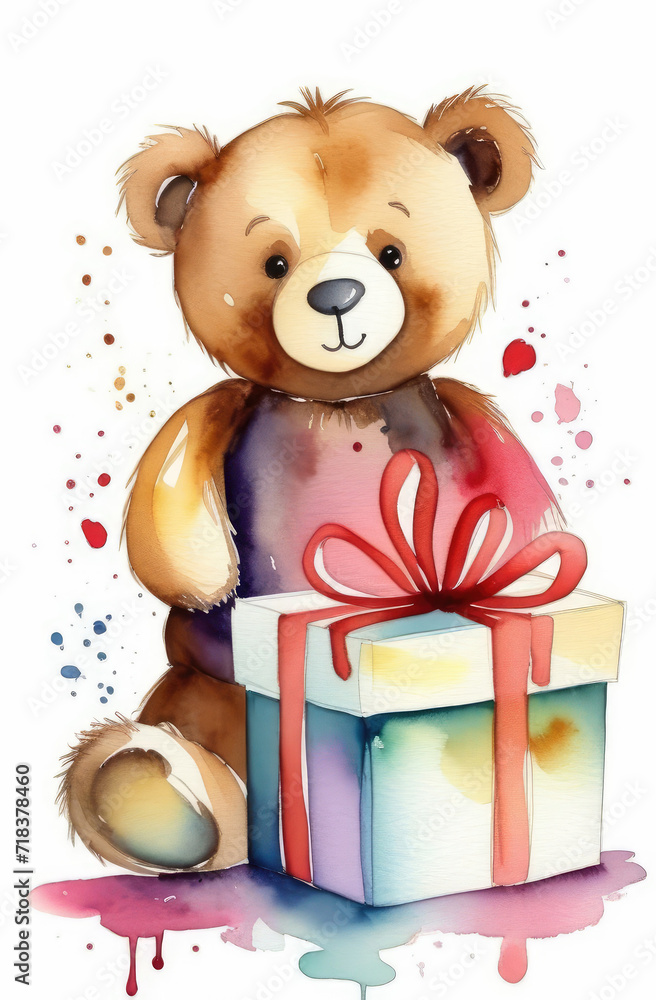 cute teddy bear toy and colorful gift box with red ribbon, birthday watercolor greeting card.