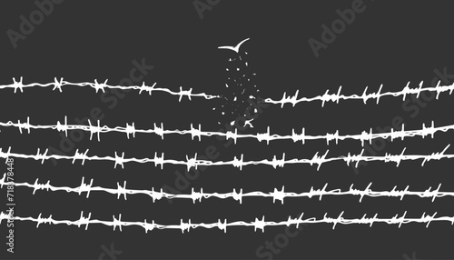 concept freedom, flight, breaking barriers, liberation, victory. barbed wire breaks and turns into a bird