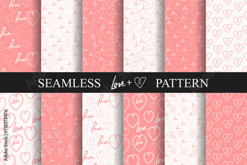 word Love and Hearts pink and white seamless pattern set, original lovely romance drawn, wallpaper for banner, wrapping paper, greeting card, poster