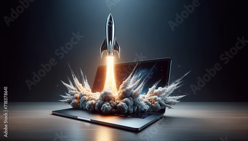Futuristic rocket ship take off launching from sleek silver laptop photo