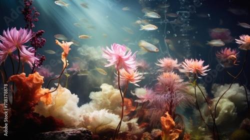  a group of pink flowers floating in a pond of water next to a bunch of seaweed and other plants. © Olga