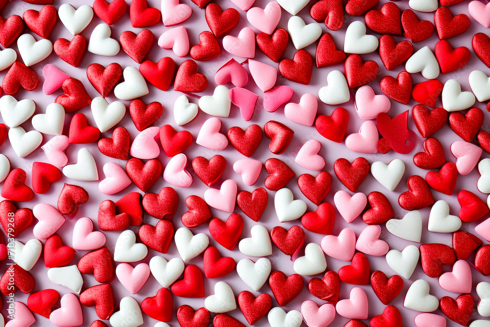 A pattern of pink and red hearts on a white background with a border of small hearts A pattern of pink and red hearts on a white background with a border of small hearts