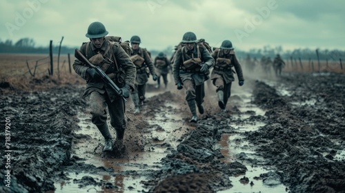 Soldiers with helmets running on wet ground in the middle of the world war. concept real world conflicts in Europe photo