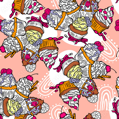 Tasty sweet cupcake dessert decorative seamless pattern for textile design, fabric print, digital or wrapping paper, wallpaper, background and backdrop, bakery shop decoration, cafe, restaurant menu. © Berolina