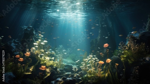  an underwater scene of a coral reef with sunlight streaming through the water and lots of fish swimming in the water. © Olga