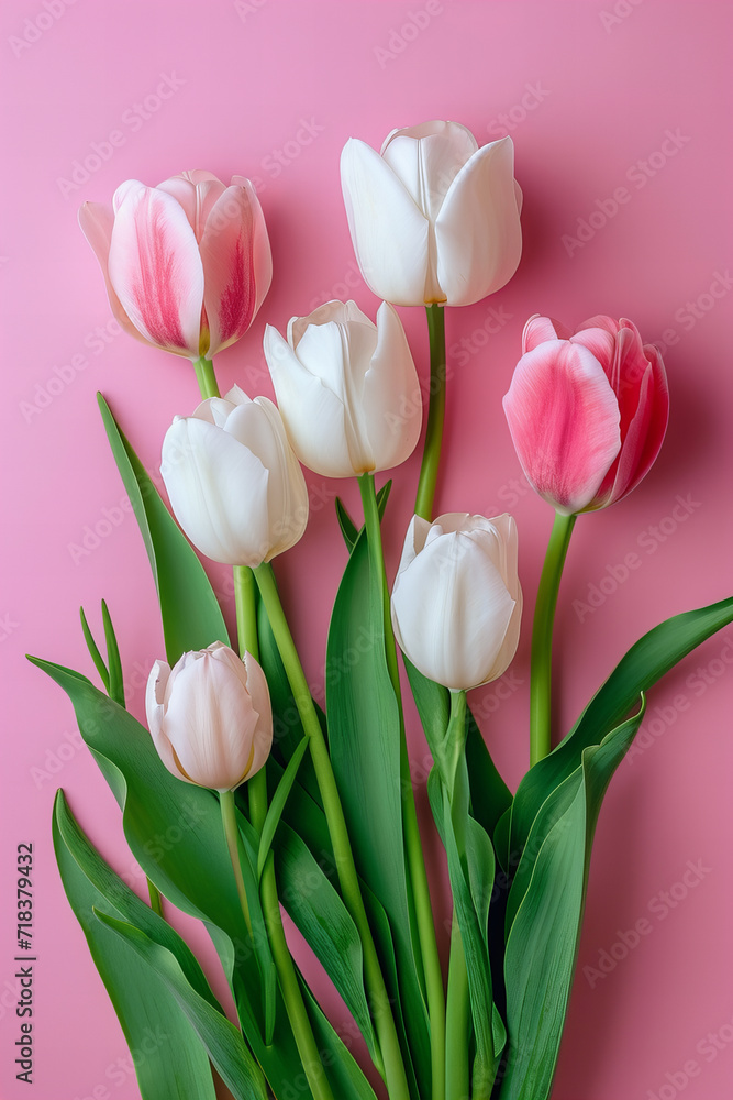 Fototapeta premium beautiful pastel tulips isolated on pastel background , top view