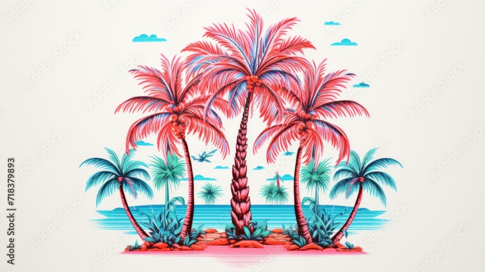 a painting of three palm trees on a beach with a blue sky and clouds in the background and the ocean in the foreground.