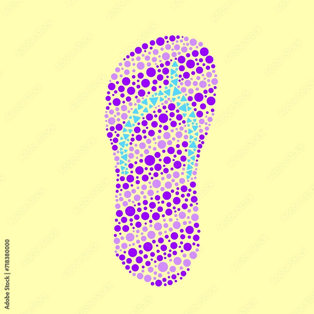 Purple striped flip flop made of small circles and triangles on yellow background Purple striped flip flop made of small circles and triangles on yellow background