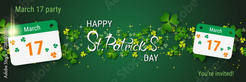St.Patrick's Day vector banner template. Green background with clover leaves and design elements