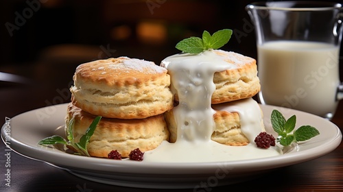  a white plate topped with biscuits covered in icing next to a glass of milk and a glass of milk.