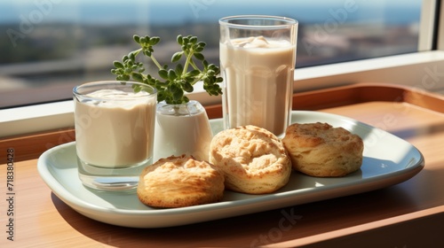  a plate of pastries and a glass of milk on a window sill with a view of the ocean.