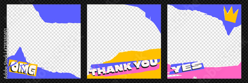 Design template for social media posts. Trendy collage style with contemporary text insert. Design isolated from checkered background.