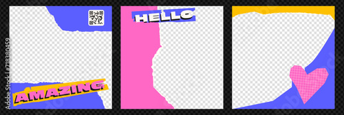Design template for social media posts. Trendy collage style with contemporary text insert. Design isolated from checkered background.
