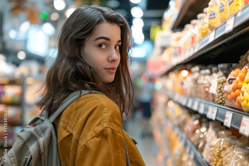 Beautiful young woman navigating a bulk food store, making mindful choices for a sustainable and efficient shopping experience generative ai