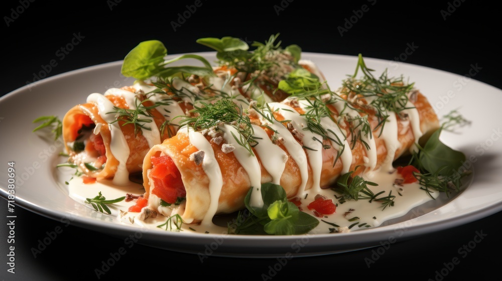 a white plate topped with meat covered in sauce and garnished with fresh herbs and garnishes. a white plate topped with meat covered in sauce and garnished with fresh herbs and garnishes.