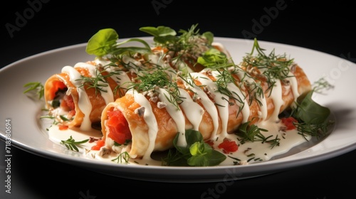  a white plate topped with meat covered in sauce and garnished with fresh herbs and garnishes.
