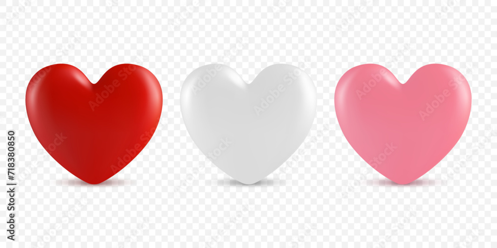Vector 3d Realistic Heart Shape Closeup Isolated. Romantic Red, White and Pink Glossy Heart Shape Set for Valentine's Day. Template for Designs and Decorations