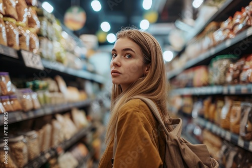 Beautiful young woman navigating a bulk food store, making mindful choices for a sustainable and efficient shopping experience generative ai
