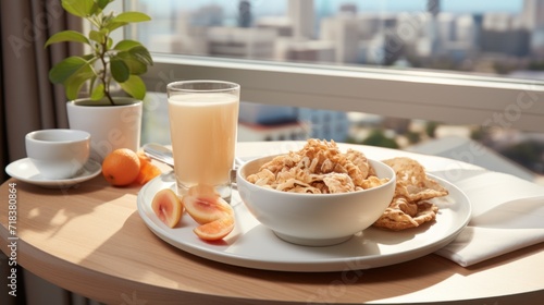  a bowl of cereal, a glass of milk, and a plate of fruit on a table in front of a window. © Olga