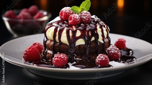  a white plate topped with a chocolate cake covered in raspberries and drizzled in chocolate sauce.
