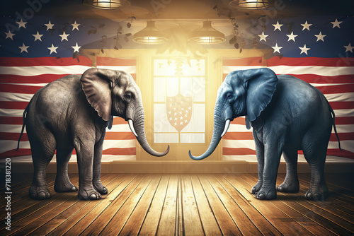 Two large elephants stand opposite each other against the backdrop of the usa flag. Generative AI photo