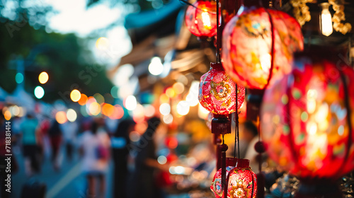 Traditional Lanterns in Asian Night, Red and Decorative Lights, Oriental Culture and Festival, Street Art and Handmade Craft, Vietnam and China Tourism © Rabbi