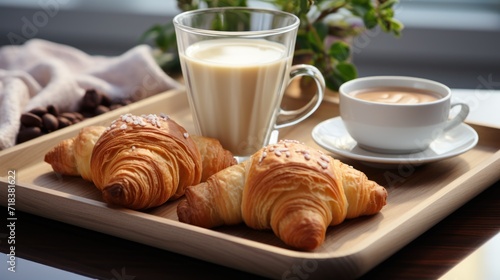  a tray with croissants, a cup of coffee, and a glass of milk on a table.