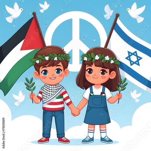 Drawing of Palestinian and Israeli kids holding hands and the peace symbol behind them