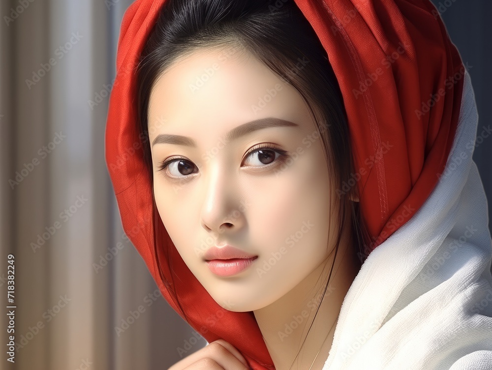 poised asian woman in a red headscarf, contemplative. Flawless complexion, deep gaze, soft lighting accentuating her features