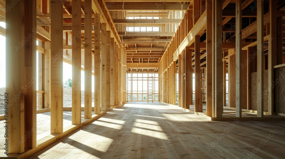 Wooden frame of a house. House frame under construction. Wood framing on the inside.