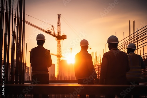 Multi ethic workers talking at construction site reviewing plans