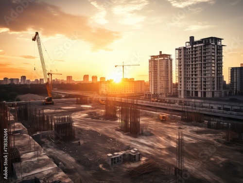Building under construction, crane and building construction site on sunset daytime, industrial development © Koihime