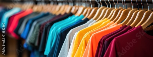 Multi-colored tshirt hanging on a rack in a store