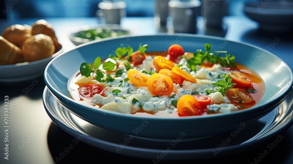 a close up of a plate of food on a table with other plates of food and drinks in the background. a close up of a plate of food on a table with other plates of food and drinks in the background.