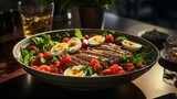  a salad with hard boiled eggs, tomatoes, lettuce, and tomatoes in a bowl on a table.