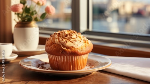  a close up of a cupcake on a plate on a table with a vase of flowers in the background.