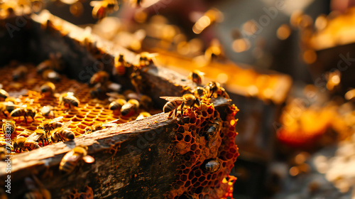 Beehive Closeup, Honeycomb and Bees, Yellow Wax and Organic Honey, Healthy Food and Beekeeping, Nature and Agriculture, Summer Apiculture and Golden Hexagons © Rabbi