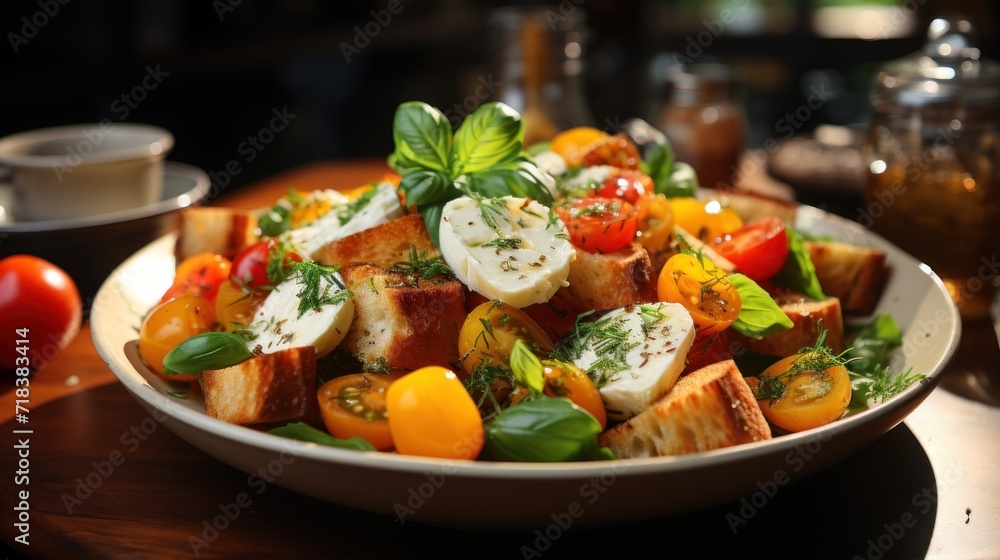 a close up of a plate of food with tomatoes and mozzarella on a table next to a cup of coffee. a close up of a plate of food with tomatoes and mozzarella on a table next to a cup of coffee.