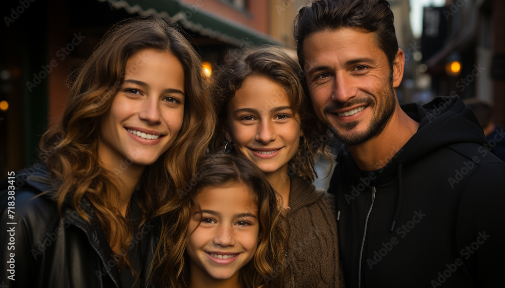 A happy family embracing, smiling, and looking at the camera generated by AI A happy family embracing, smiling, and looking at the camera generated by AI