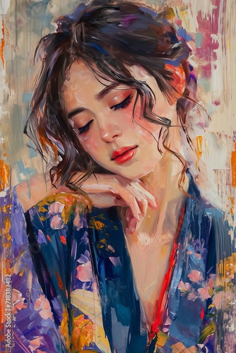 Beautifully contemplative japaneses girl wearing kimono oil painting generative ai