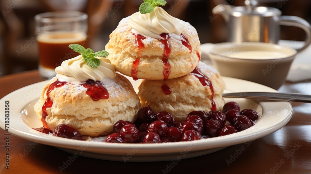 a white plate topped with three scones covered in cream and cranberry sauce next to a cup of coffee. a white plate topped with three scones covered in cream and cranberry sauce next to a cup of coffee.