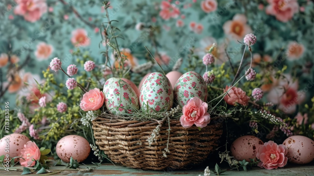 Artistic Easter eggs in wicker basket surrounded by fresh flowers Artistic Easter eggs in wicker basket surrounded by fresh flowers