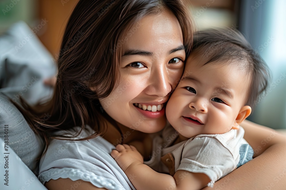 Asian Mother. family and motherhood concept - happy smiling young pretty asian mother with little baby at home interior.