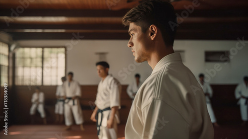 Karate classes, a tatami with karate students. Created with AI.