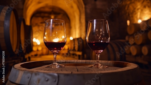 Two wine glasses await a pour, set against the backdrop of oak barrels in a dimly lit cellar, capturing the anticipation of a fine wine tasting