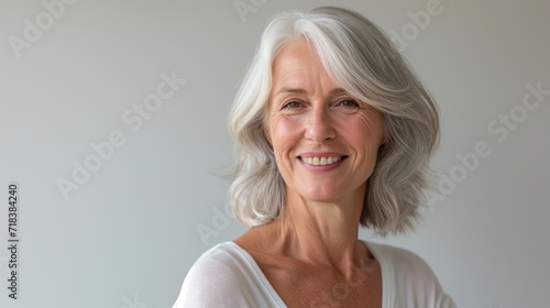 A sophisticated elderly woman with silver-gray hair, smiling confidently, against a minimalist light background. Elegant and timeless beauty