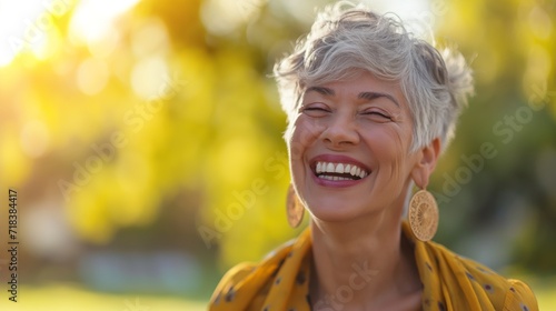 Portrait of a cheerful elderly woman with stylish gray hair, laughing softly, light and airy background. Natural beauty, lively and content expression