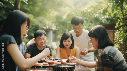 Asian family eating outdoors. Created with AI.