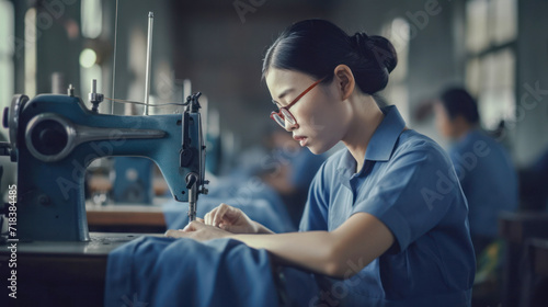 Asian woman in a textile factory sewing with a sewing machine. Created with AI. photo